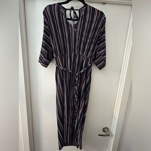 River Island Multicolor Striped Midi Dress Size L - Short Sleeve Tie-Back